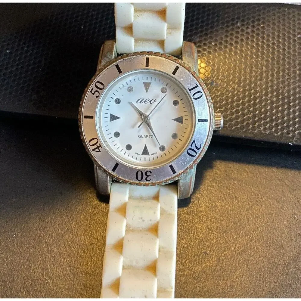 women's 35mm AEO Watch, Silver Tone Case with White Poly Band